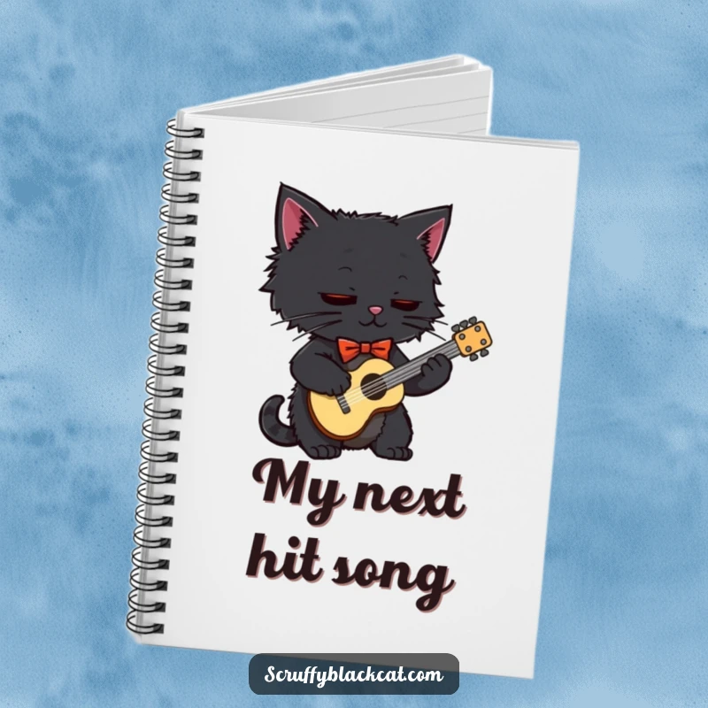 Funny black cat in a bow tie, holding a tiny guitar, featured on the cover of a notebook for writing.