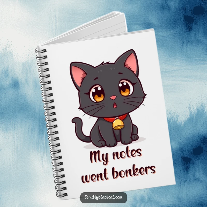Funny black cat wearing a tiny bell collar, looking surprised on the cover of a stylish notebook.