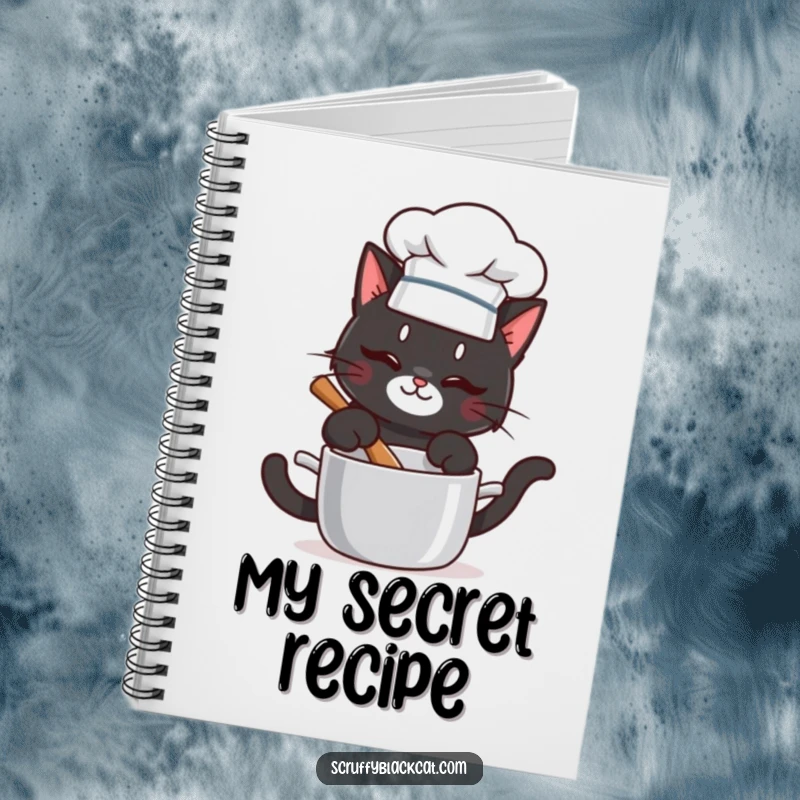 Funny notebook with a mischievous chef cat stirring a pot, ideal for journaling recipes and culinary ideas.