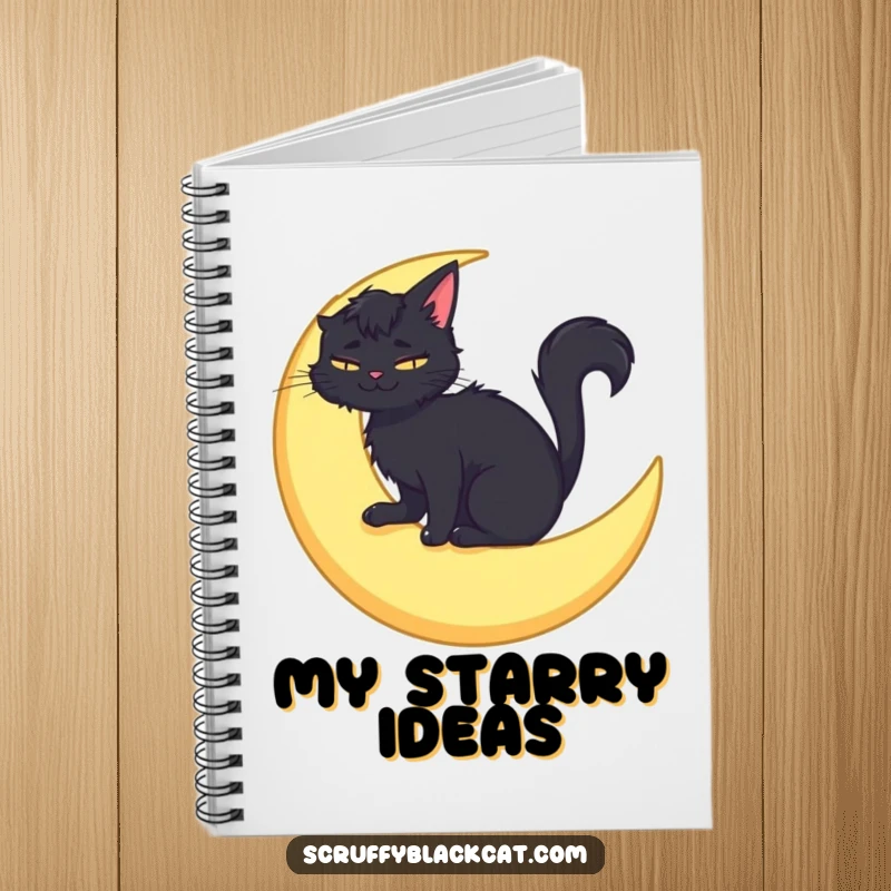 Funny notebook cover with a scruffy black cat sitting on a crescent moon, smiling serenely, perfect for jotting down dreams.