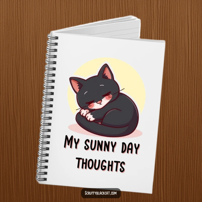 Funny black cat notebook showing a cat curled up purring contentedly in a sunbeam, perfect for jotting notes.