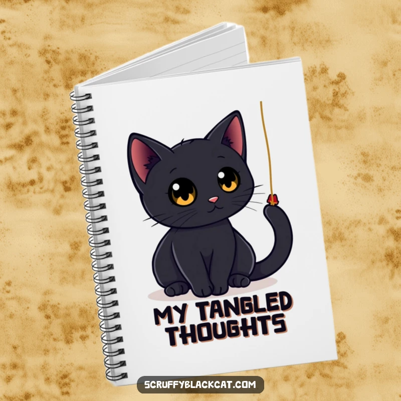 Funny black cat notebook with a sleek cat with large, round eyes playfully batting at a dangling string, designed to inspire creative writing.