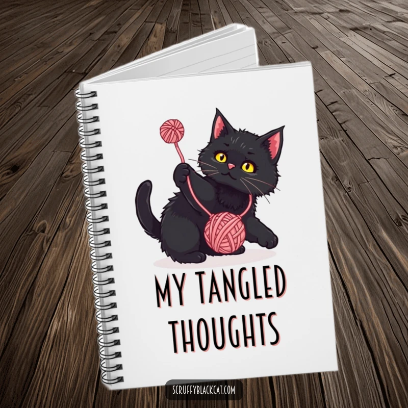 Funny Notebook: Scruffy black cat playfully batting at a dangling yarn ball, ideal for notes and cat-themed journaling.