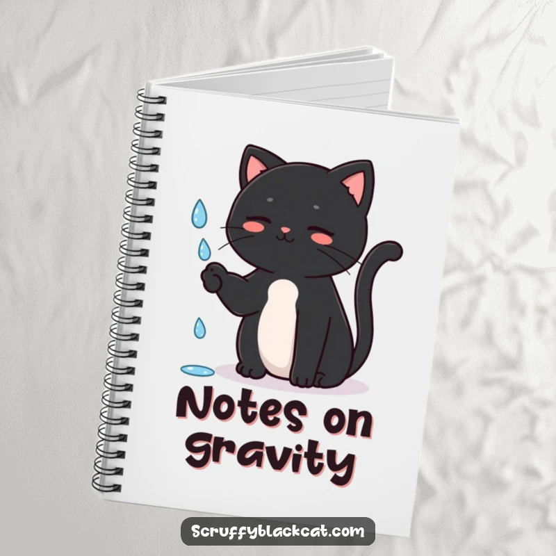 Funny Cat Notebook featuring a black cat batting at a raindrop, perfect for notes and rainy day thoughts, a fun funny gift.