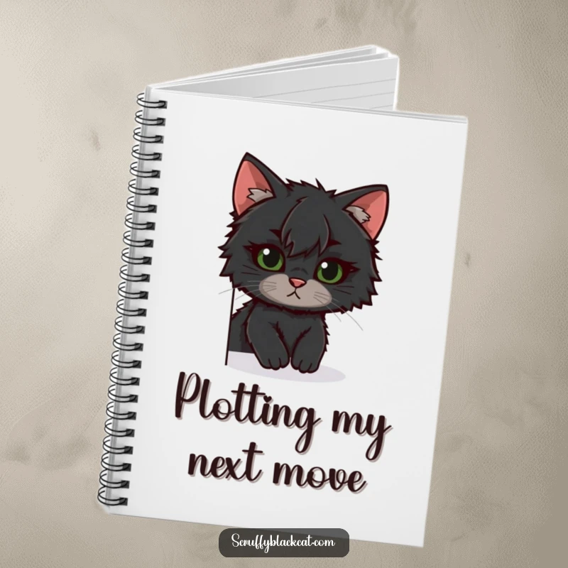 Funny scruffy black cat notebook, peeking around the cover, inspiring creative thoughts, a humorous and practical funny gift.