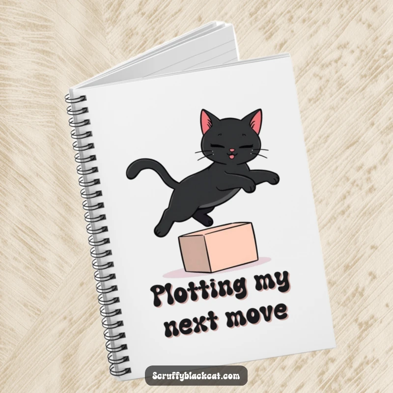 Funny black cat notebook featuring a sleek black cat in a dynamic leap over a small block, inspiring creative thoughts and notes.