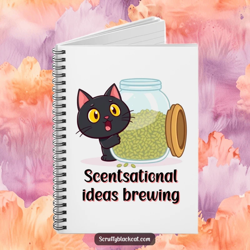 Funny black cat notebook, surprised face opening a huge catnip jar, inspiring creativity, a fun and funny gift.