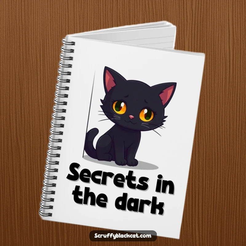 Funny notebook cover with a black cat's glowing eyes emerging from a dark, shadowy corner, ideal for note-taking.