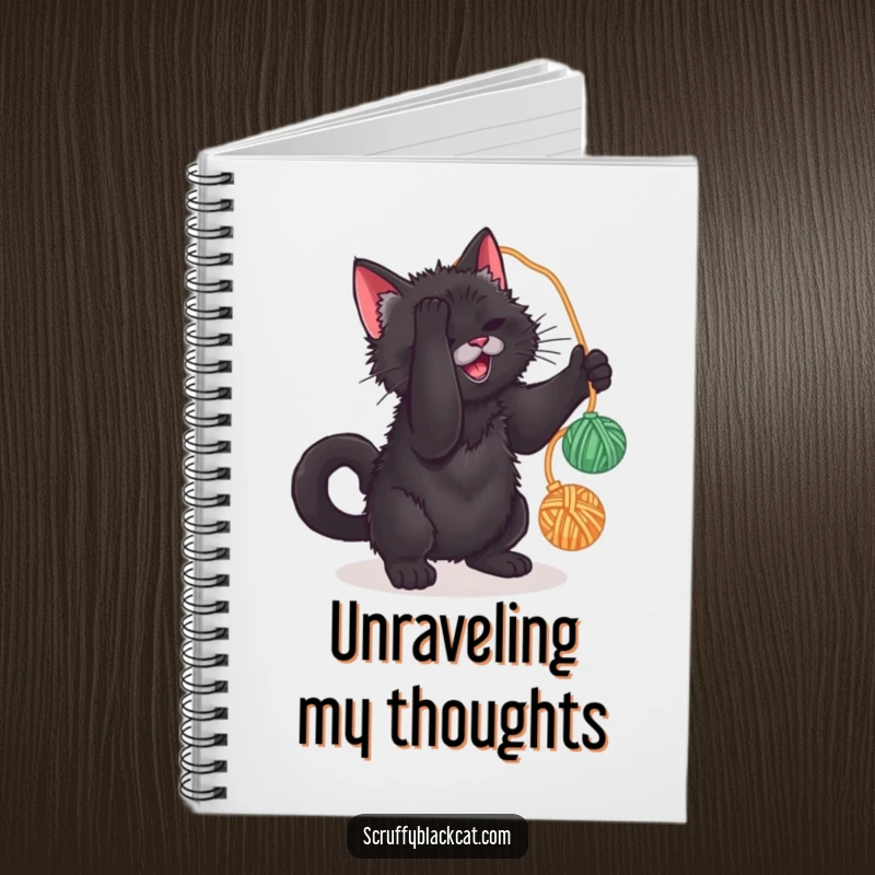 Funny notebook with a scruffy black cat batting at a yarn ball, ideal for journaling playful thoughts and ideas.