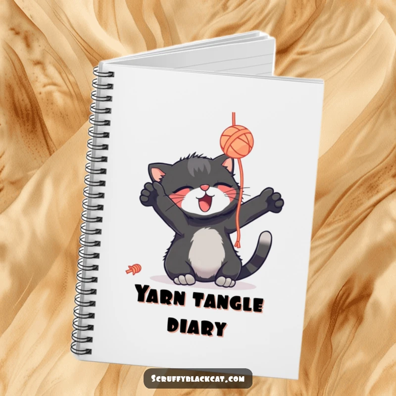 Funny scruffy black cat notebook, batting a yarn ball with delight, ideal for writing, a humorous gift.
