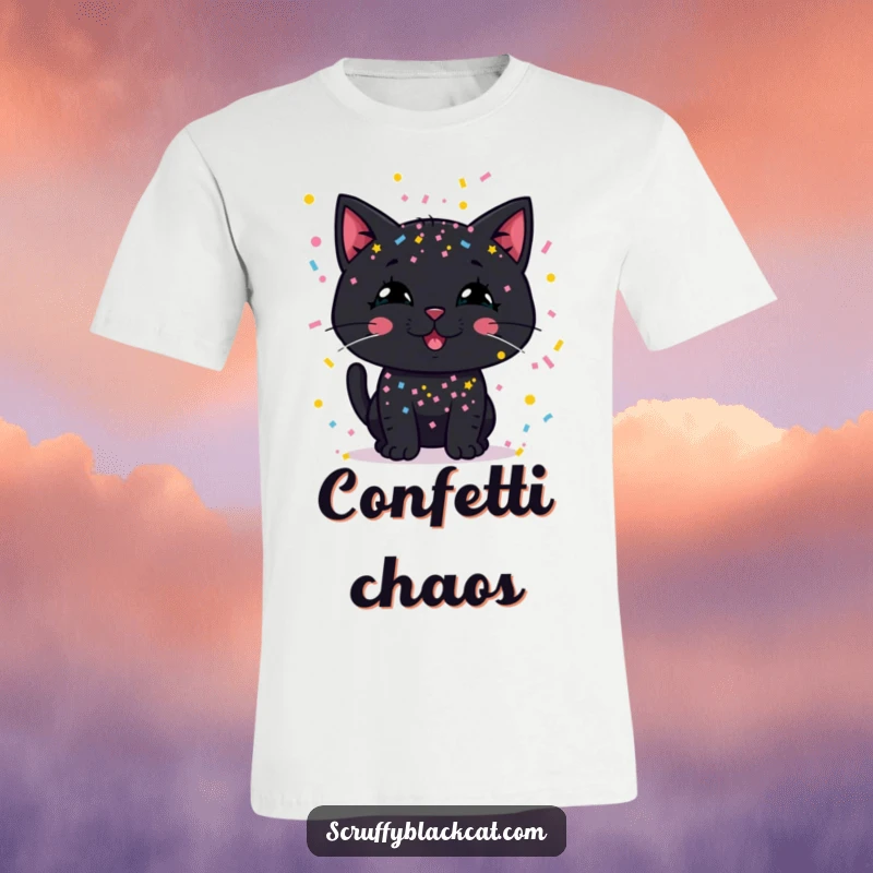 Funny t-shirt depicting a black cat with a silly grin, absolutely covered in multi-colored confetti.