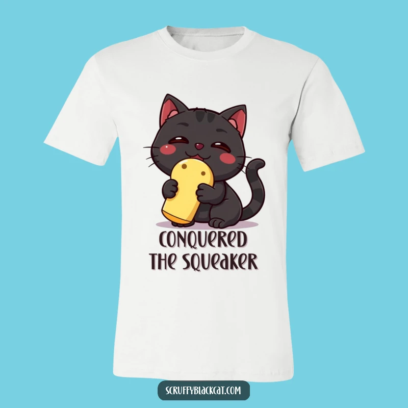 Funny Black Cat T-Shirt: Hilarious Tee Featuring a Triumphant Cat with a Squeaky Toy