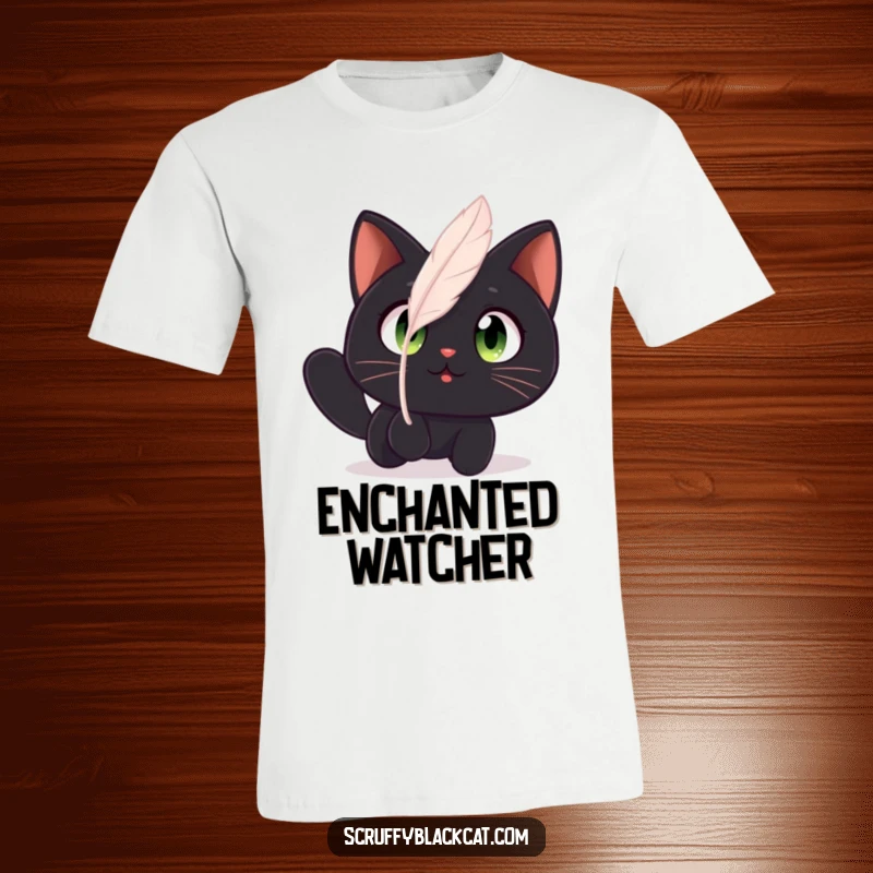 Funny cat t-shirt with a black cat having wide, amazed eyes staring at a floating feather, symbolizing wonder.