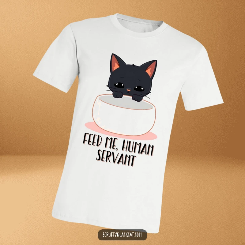 Funny black cat t-shirt depicting a cat meowing desperately at an empty food bowl, a humorous statement on feline hunger.