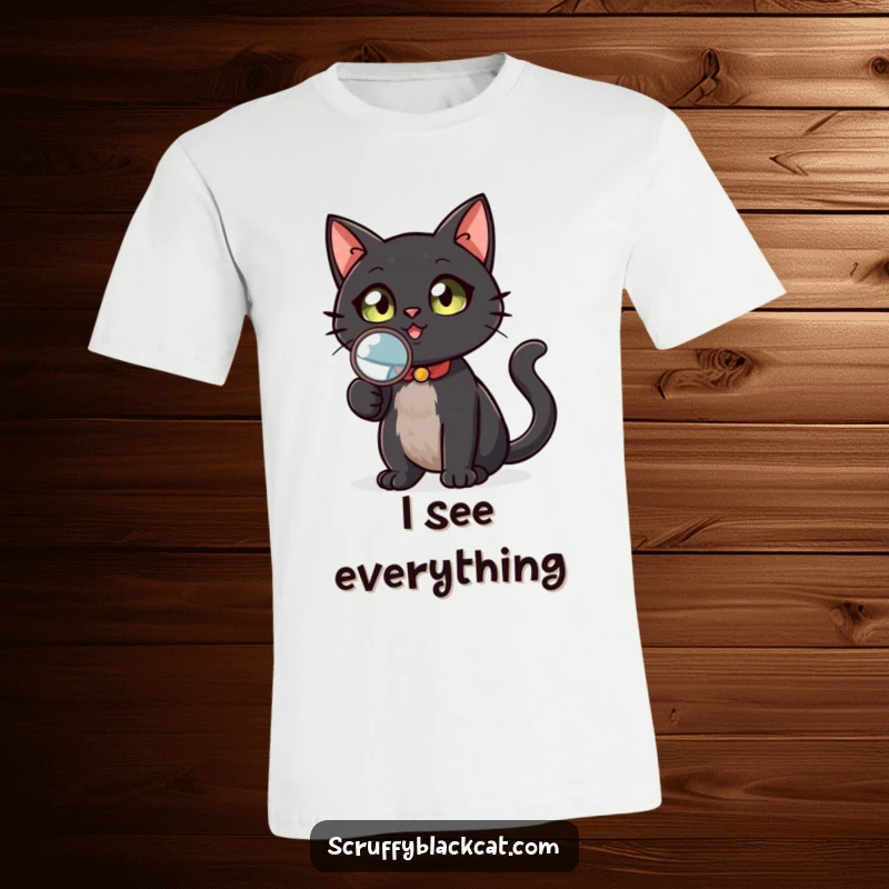 Funny black cat t-shirt, holding a magnifying glass, looking up with confidence, suggesting a Sherlock Holmes-like mystery solver, ideal for humor lovers.