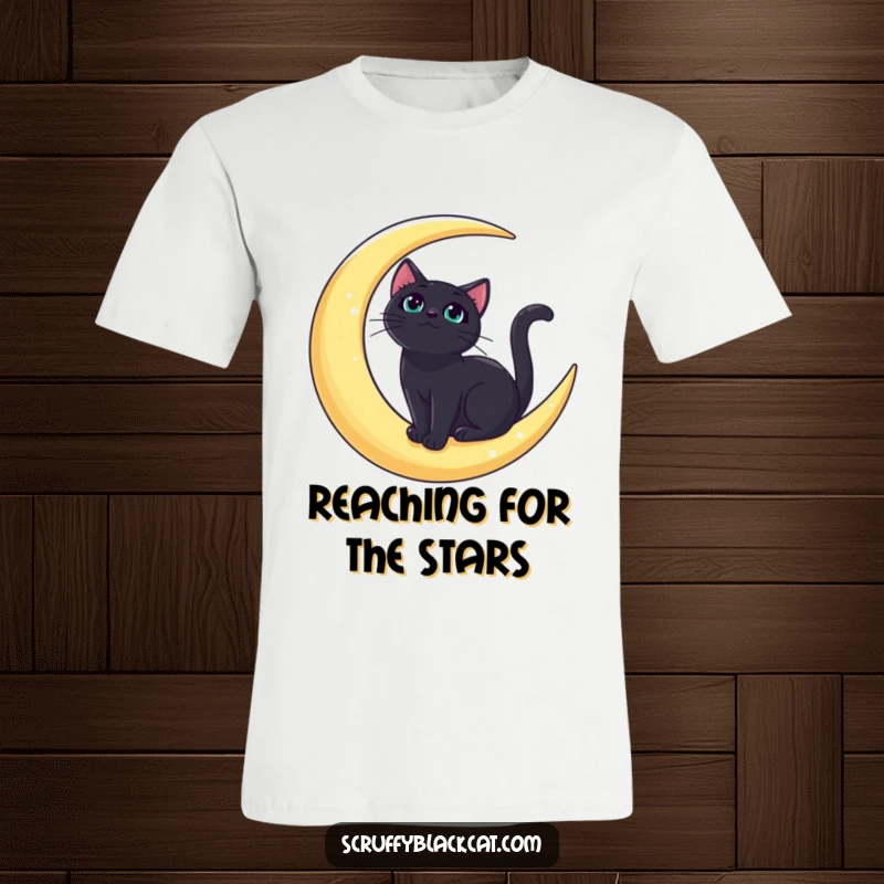 Funny bold black cat t-shirt featuring a regal cat perched on a crescent moon, looking up at the night sky.