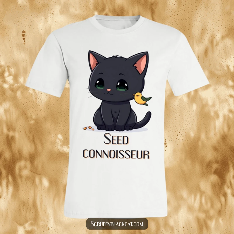 Funny Cat T-Shirt featuring a curious black cat with perked ears, focused on birdseed, highlighting playful hunting instincts and humor.