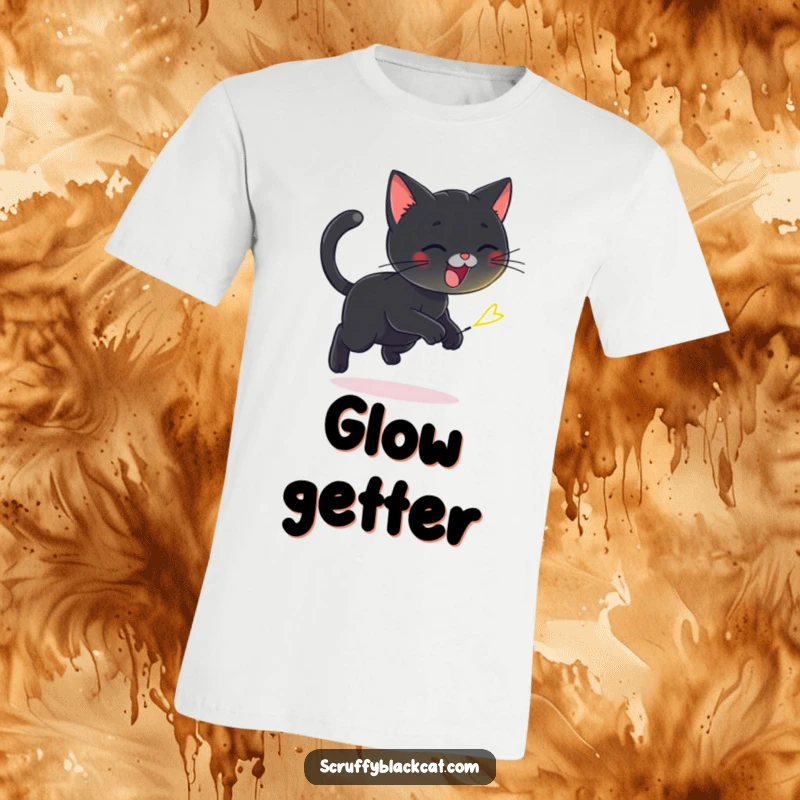 Funny t-shirt with a playful black cat joyfully chasing a tiny, flickering firefly, celebrating nighttime fun and wonder.
