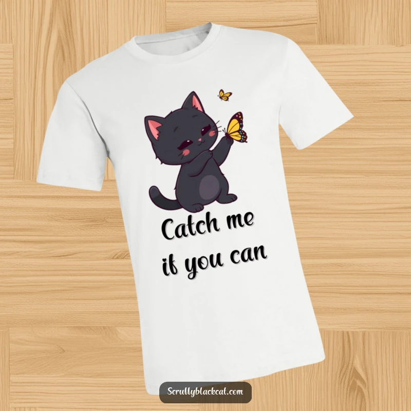 Funny black cat playfully reaching out to swat a fluttering butterfly, showcased on a comfortable t-shirt, embodying playful innocence.