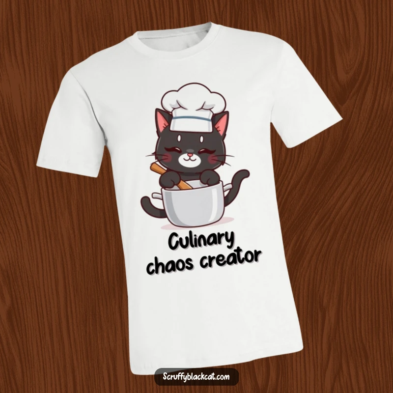 Funny t-shirt featuring a mischievous black cat wearing a small chef hat, stirring a pot with playful intent.