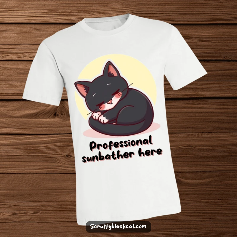 Funny black cat t-shirt depicting a cat curled up, purring contentedly in a sunbeam, symbolizing ultimate relaxation.
