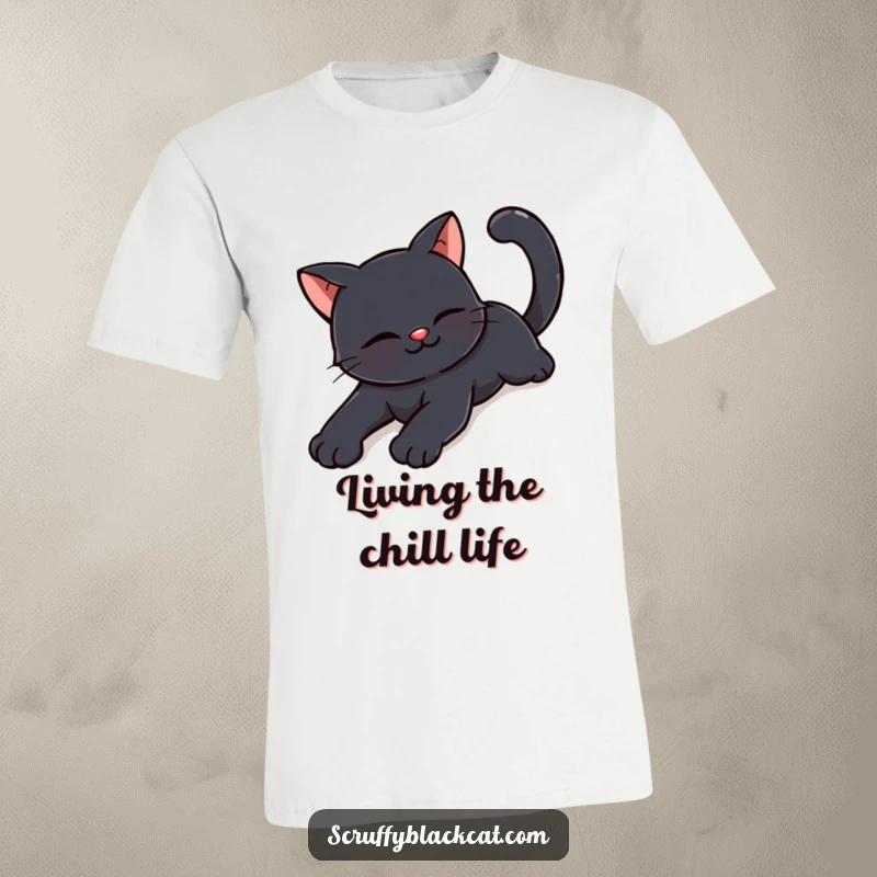 Funny happy black cat t-shirt featuring a cat in a relaxed stretch with a contented smile, embodying carefree joy.