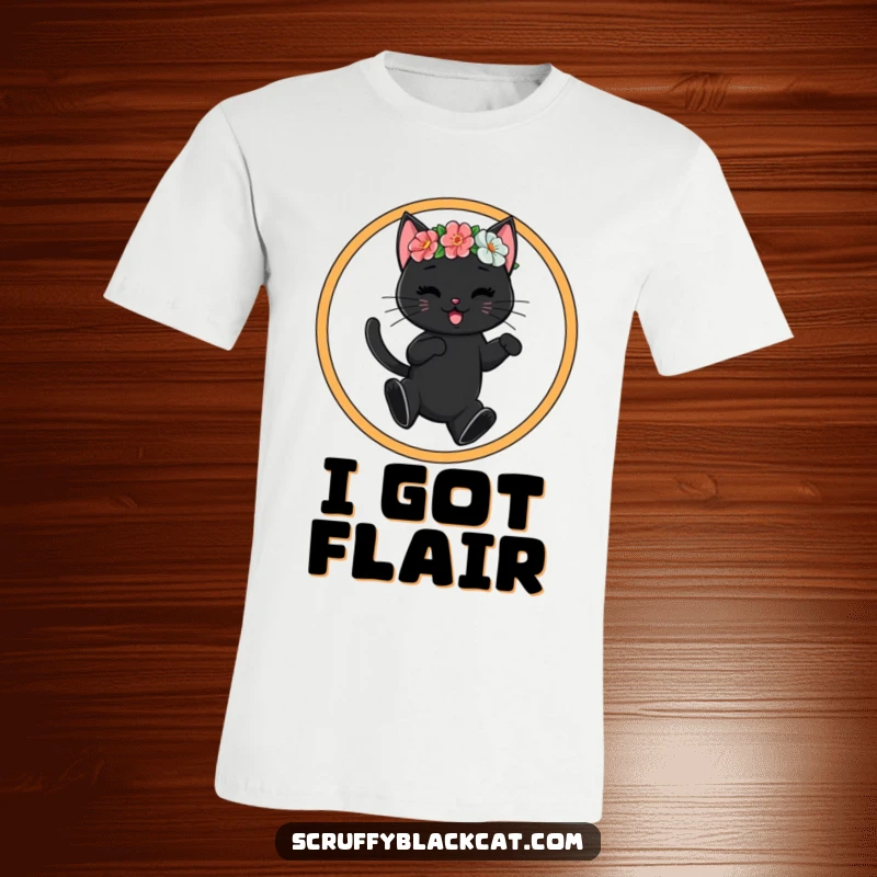 Funny black cat wearing a floral crown, leaping with grace through a hoop, depicted on a t-shirt for ultimate comedic expression.