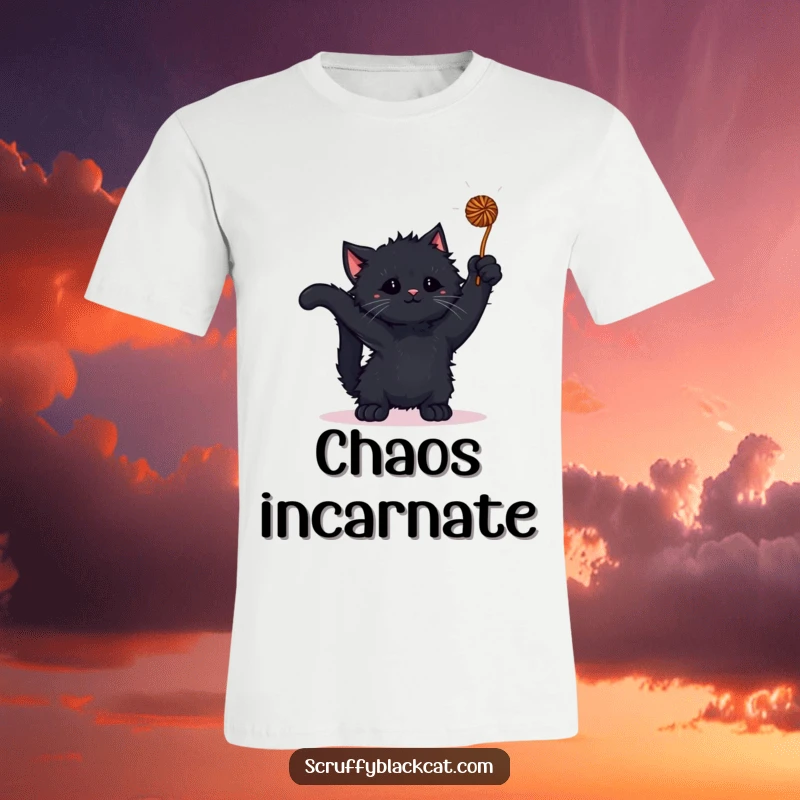 Funny kitten t-shirt with a scruffy black kitten playfully batting at a colorful yarn ball, capturing raw energy.