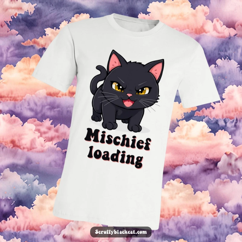 Funny Black Cat T-Shirt: A black cat sports a mischievous grin, poised to pounce with exciting, playful energy.