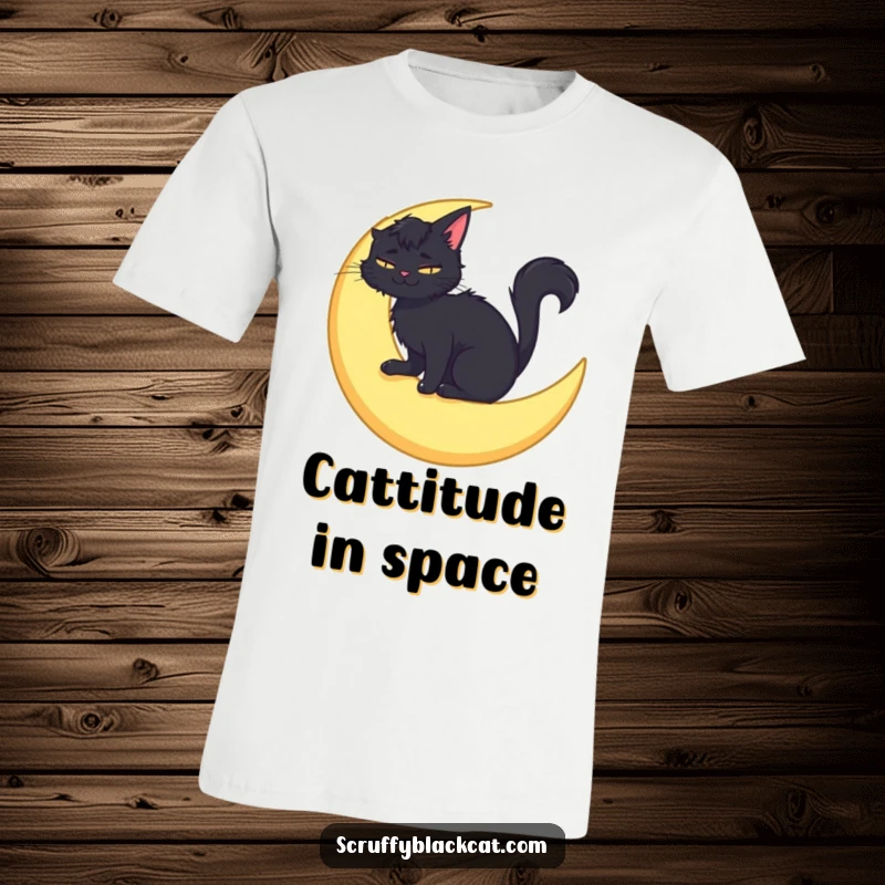 Funny t-shirt graphic of a scruffy black cat perched happily on a crescent moon, radiating a sense of peace and contentment.