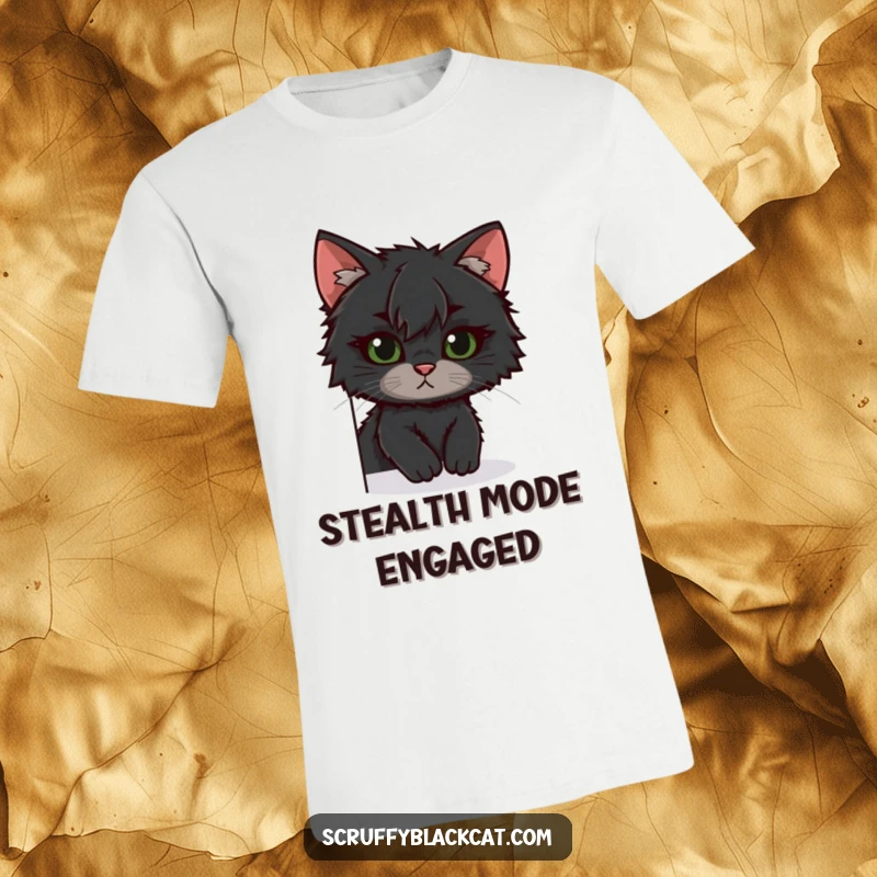 Funny scruffy black cat t-shirt, peeking around corner with askew ear, conveying playful mischief, great funny gift.