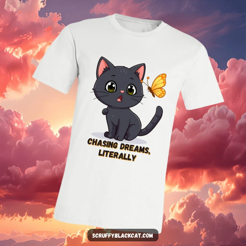 Funny T-Shirt: A black cat with a surprised, wide-eyed expression chasing a fluttering butterfly, capturing a moment of comical pursuit.