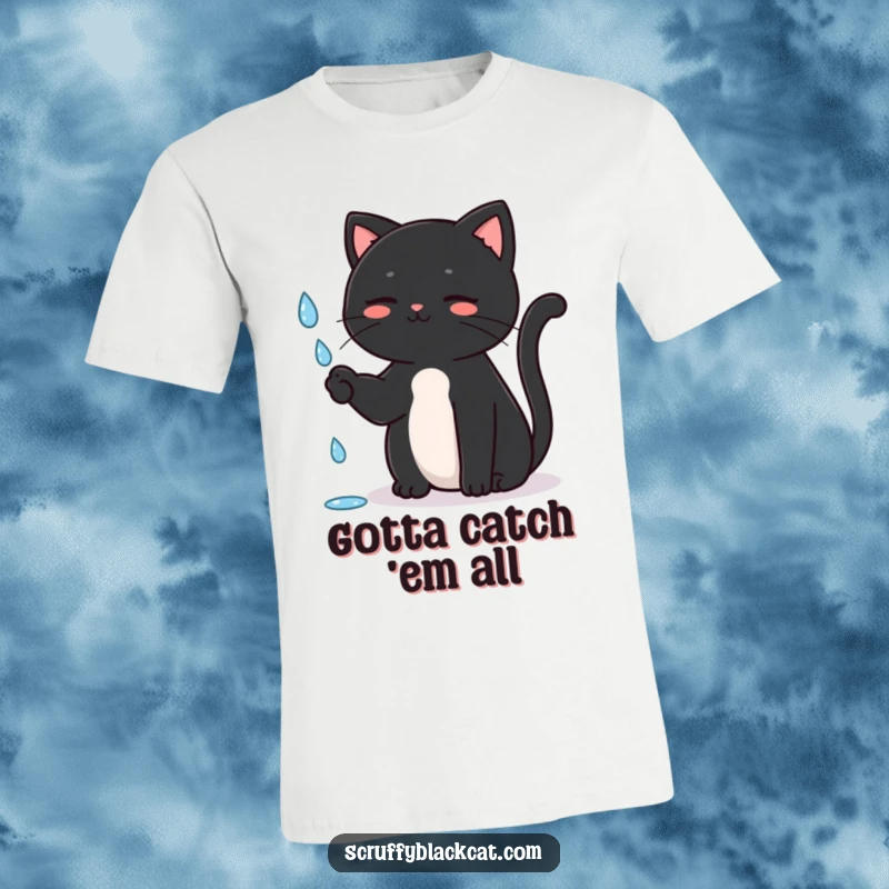 Funny Cat T-Shirt featuring a black cat sitting upright, playfully batting at a falling raindrop, showcasing innocent curiosity and humor.