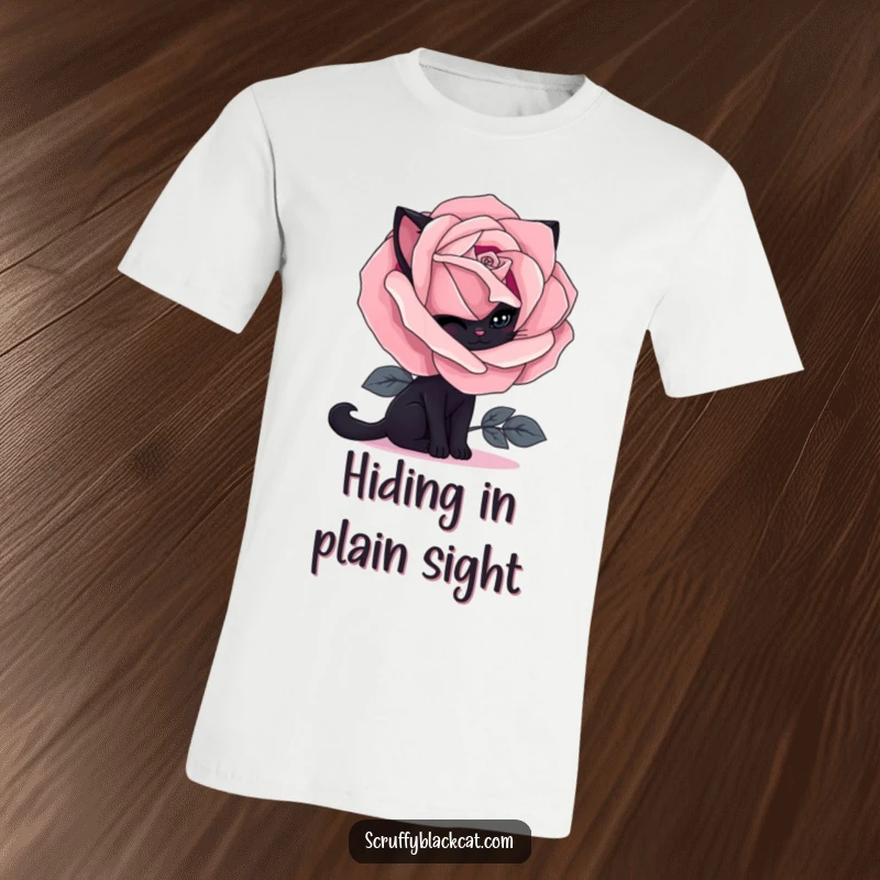 Funny black cat t-shirt with a shy cat hiding behind a large, dramatic gothic rose, creating a darkly humorous and artistic look.
