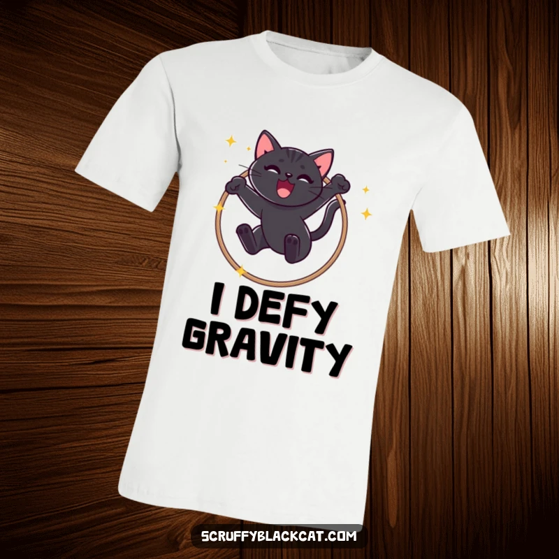 Funny Black Cat T-Shirt: Mischievous cat heroically leaping through a sparkly hoop with a proud, triumphant meow graphic.