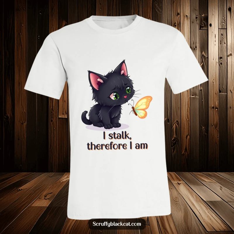 Funny t-shirt with a scruffy black cat on the hunt, playfully stalking a vibrant, shimmering butterfly in mid-air.