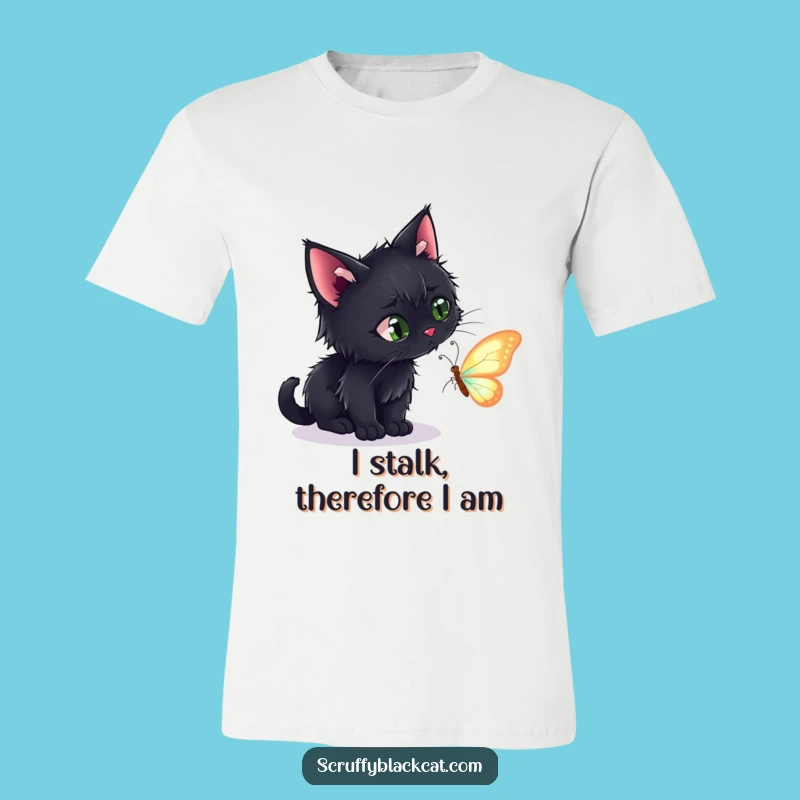 Funny Scruffy Black Cat Chasing Butterfly T-Shirt - Comical Pet Tee for Him/Her