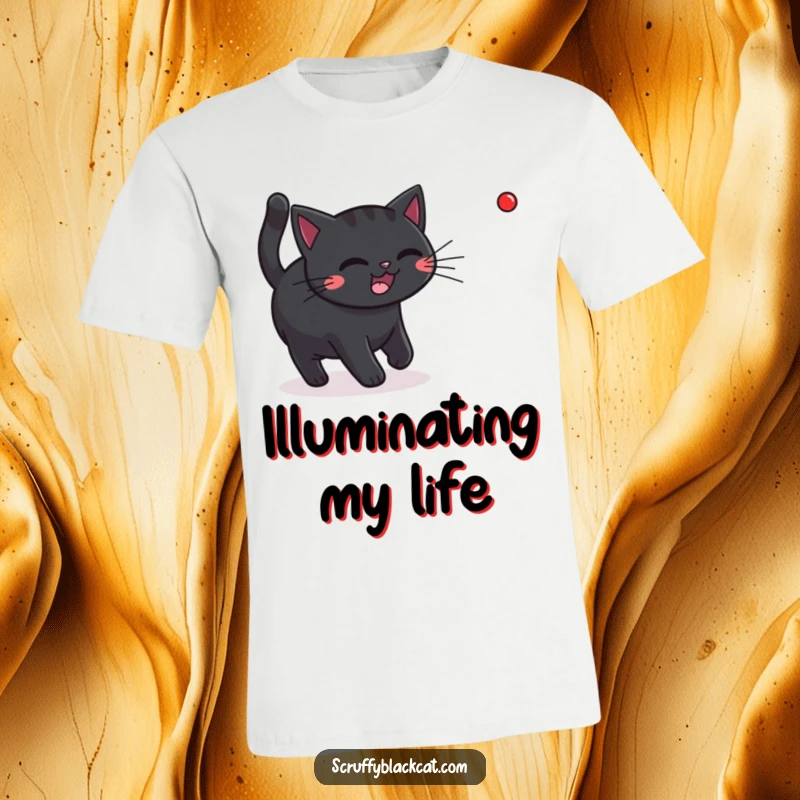 Funny black cat leaping and chasing a red laser dot on a vibrant t-shirt, capturing playful energy.