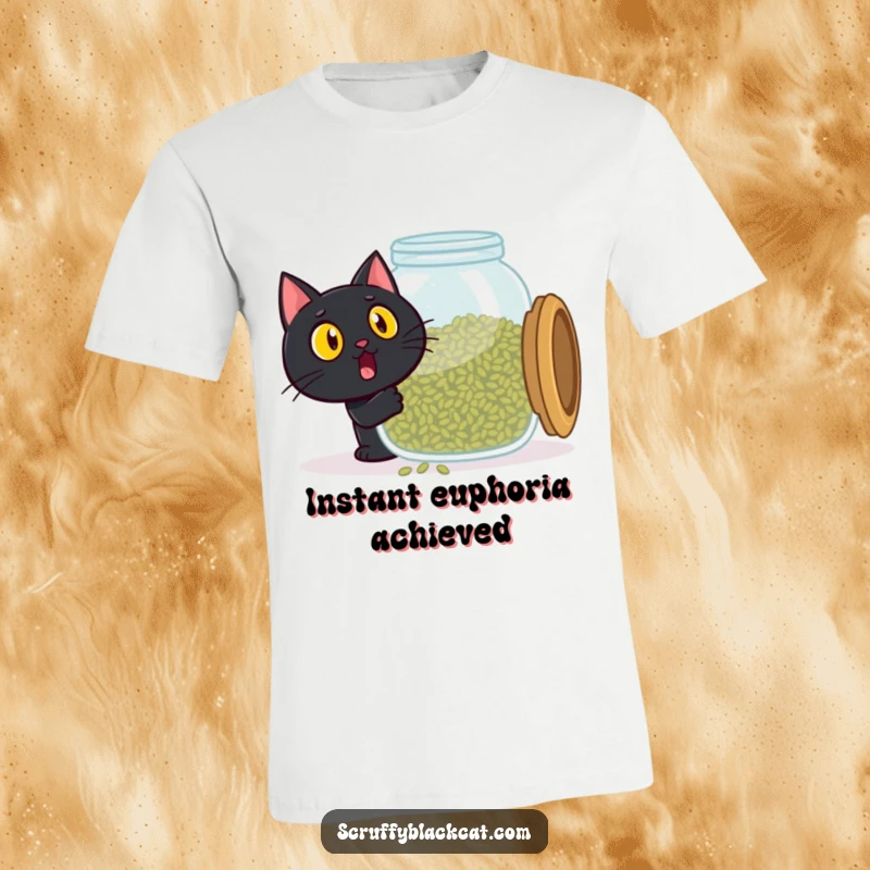 Funny black cat t-shirt, surprised by giant catnip jar, pure joy and excitement, a hilarious funny gift for cat lovers.
