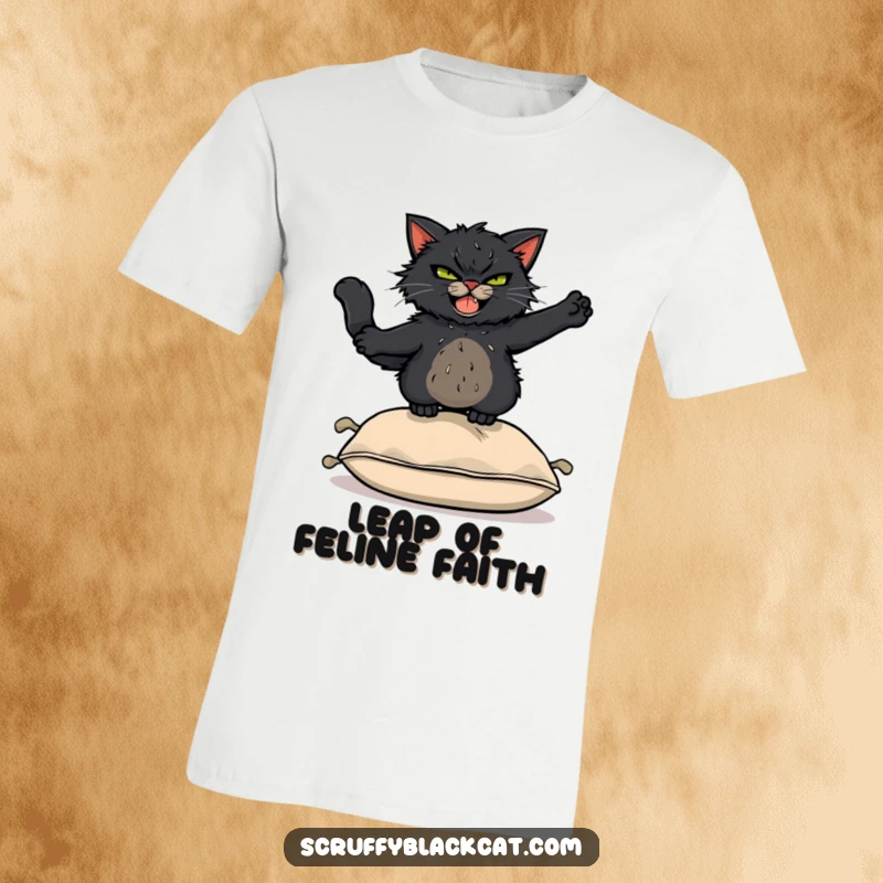 Funny T-Shirt: Scruffy black cat with a mischievous grin leaping acrobatically over a cushion, capturing playful energy.