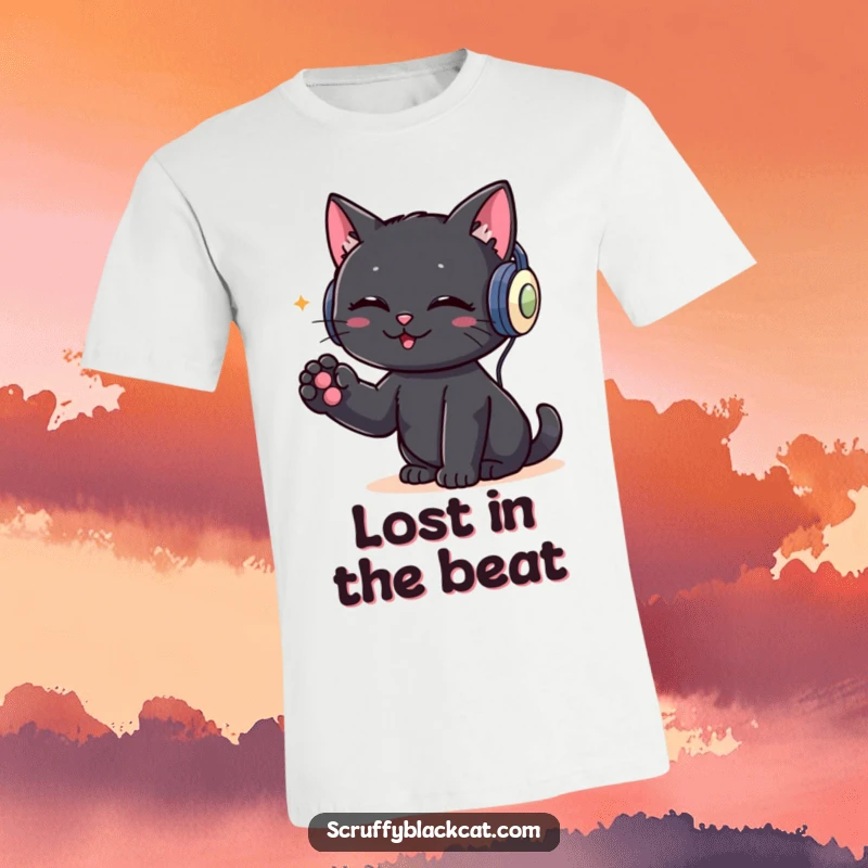 Funny t-shirt graphic of a cool black cat wearing headphones, its paw rhythmically tapping, embodying a love for music and feline swagger.