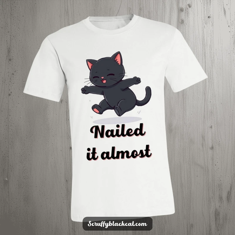 Funny black cat t-shirt featuring a cat attempting a graceful leap and landing with a soft thud, celebrating comic failure.