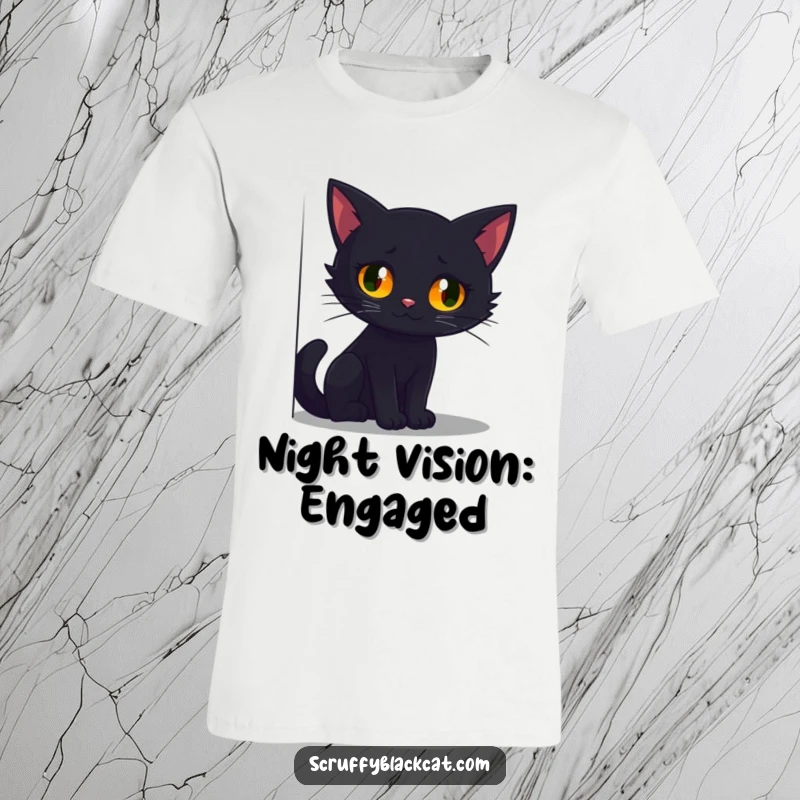 Funny t-shirt featuring a black cat with luminous, glowing eyes peering out from a deep, shadowy corner.