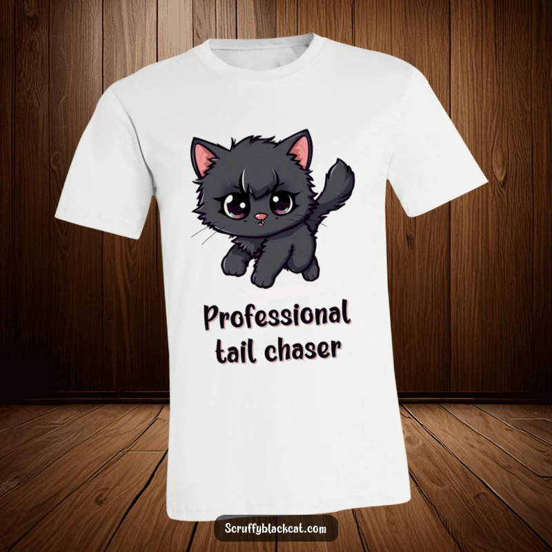 Funny scruffy black kitten t-shirt, depicted mid-chase, eyes wide, spinning after its own fluffy tail with pure delight.
