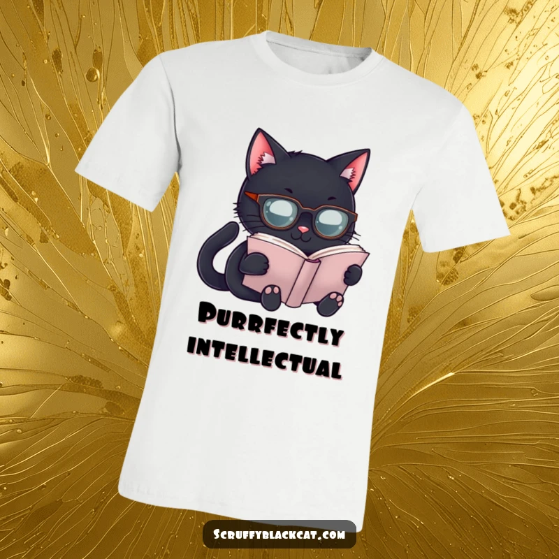 Funny Scholar Cat T-Shirt: A black cat in spectacles reading a book, a humorous and intellectual funny gift.