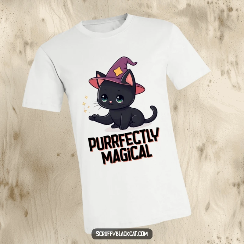 Funny cat t-shirt with a black cat wearing a wizard hat, conjuring a sparkly magic puff, symbolizing enchantment.