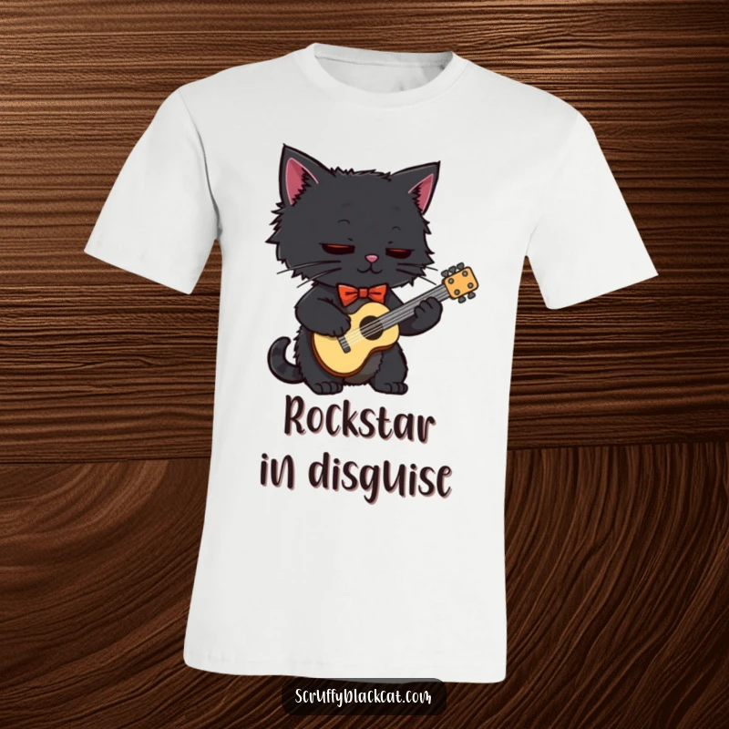Funny black cat wearing a stylish bow tie, enthusiastically playing a small guitar on a soft t-shirt.