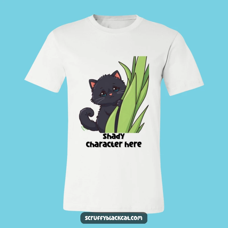 Funny Peek-a-Boo Cat T-Shirt: Fluffy Black Cat Behind Plant, Adorable Funny Gift