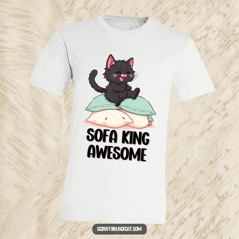 Funny black kitten t-shirt, illustrated leaping with pure delight onto a fluffy pile of soft pillows, mid-pounce.