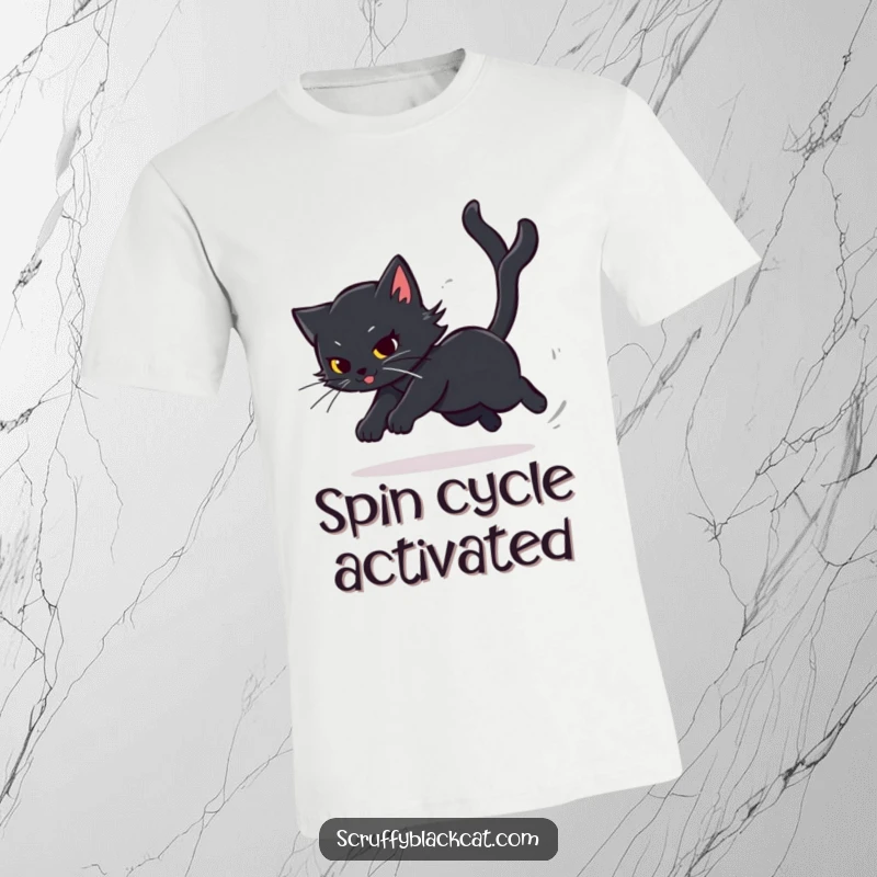 Funny Cat T-Shirt featuring a black cat playfully chasing its tail with dizzying, humorous speed, perfect for cat lovers.